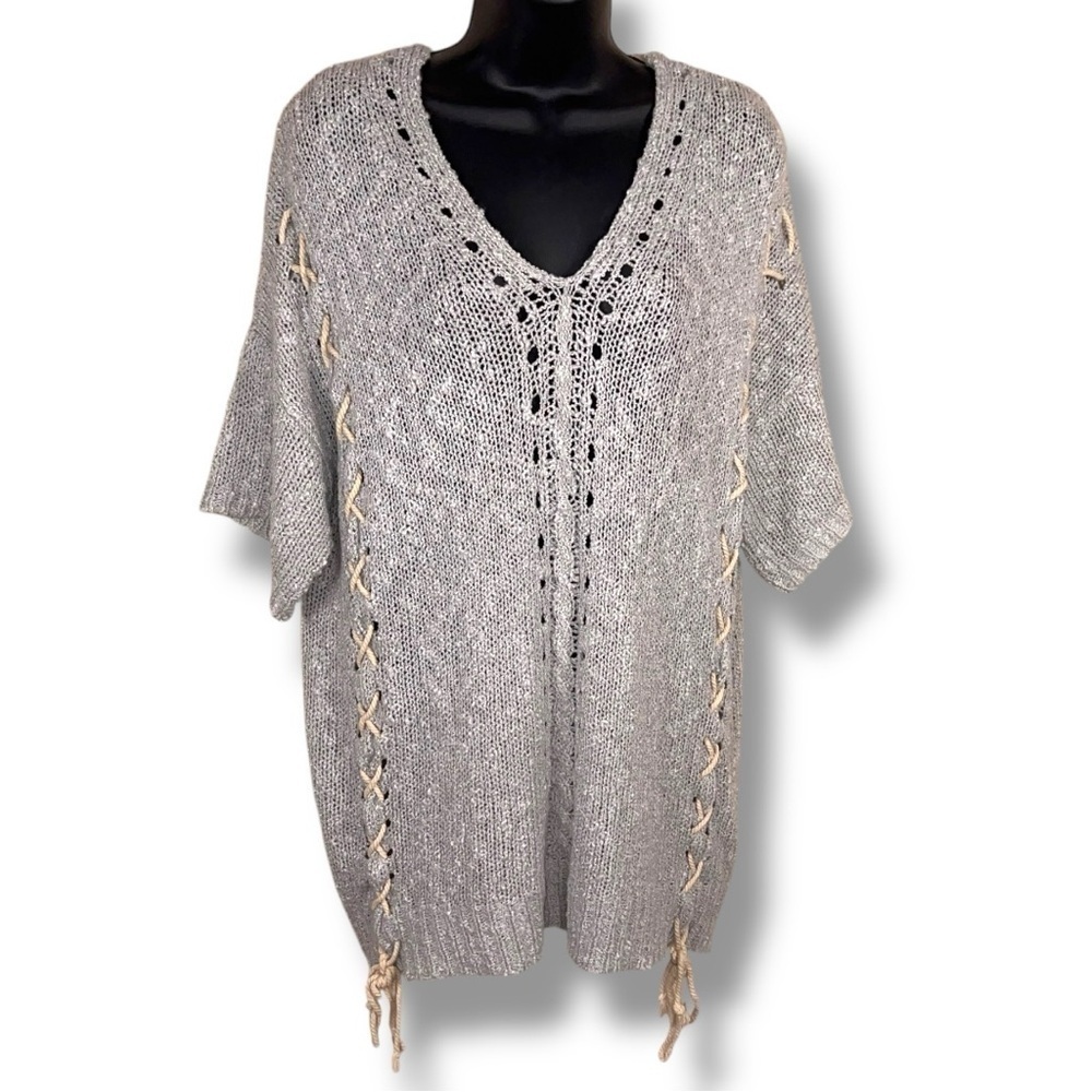 Small Easel Pastel Light Blue Knit Top Short Sleeve Strappy Accent Boho Bohemian